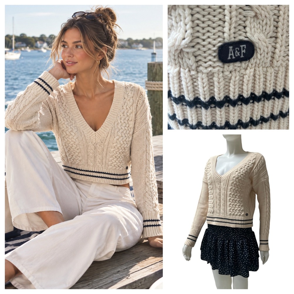 Abercrombie & Fitch Cable Knit Sweater Varsity Cropped Boxy S Chunky Fisherman